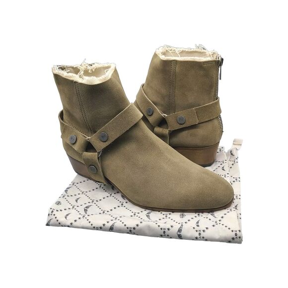 Zadig Voltaire Sonlux Ankle Boot Khaki Suede Harness Cowboy Back Zip Sz 7 38 New